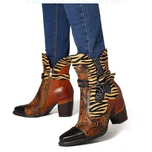 Trubelle Boho Handcrafted Leather & Tiger Print Booties Size 10 - Picture 14 of 16